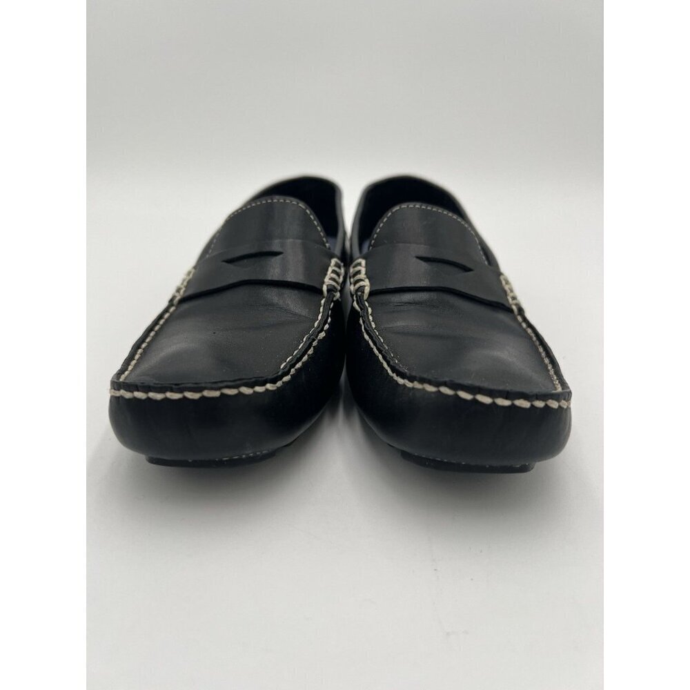 COLE HAAN Driving Shoes Loafers In Black Leather Cream Topstitch Size 8 AA EUC - Picture 2 of 13